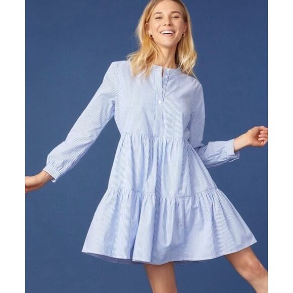 J. Crew Blue/White Striped Stretch Cotton Poplin Tiered Dress Pockets Size Large - Picture 1 of 11